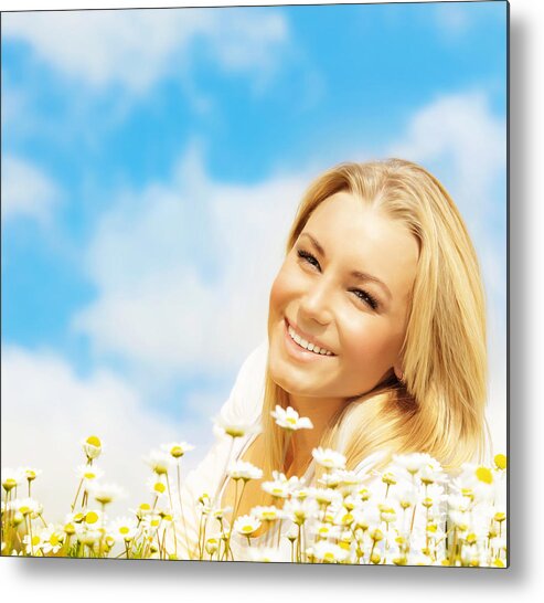 Adult Metal Print featuring the photograph Beautiful woman enjoying daisy field and blue sky #2 by Anna Om