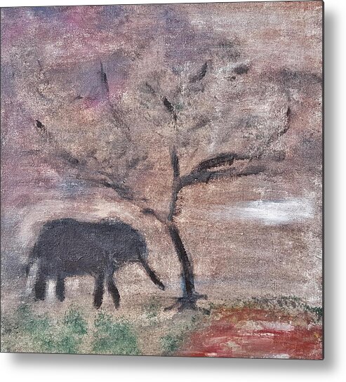 African Landscape Metal Print featuring the painting African Landscape baby elephant and banya tree at watering hole with mountain and sunset grasses shr by MendyZ