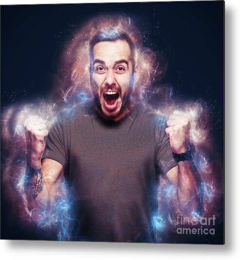 Man Metal Print featuring the photograph Angry man burning bright. Fury concept. by Michal Bednarek