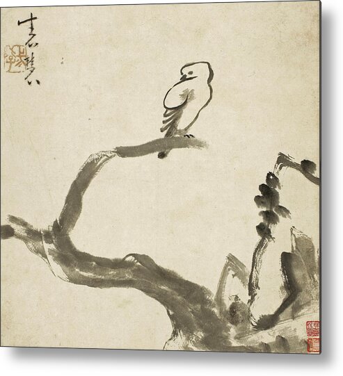 Niu Shihui Metal Print featuring the drawing Bird Perching on Tree Branch by Niu Shihui