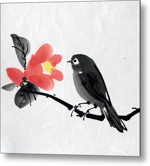 Japanese Metal Print featuring the painting Camellia and a Little Bird by Fumiyo Yoshikawa