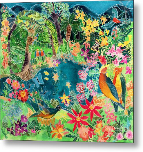 Parrot; Hummingbird; Butterfly; Macaw; Tropical; Rainforest Metal Print featuring the painting Caribbean Jungle by Hilary Simon