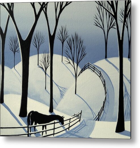 Folk Art Metal Print featuring the painting Country Winter Road - horse snow folk art by Debbie Criswell