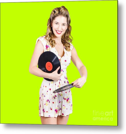 Spinning Metal Print featuring the photograph DJ disco pin-up girl rocking out to retro vinyl by Jorgo Photography