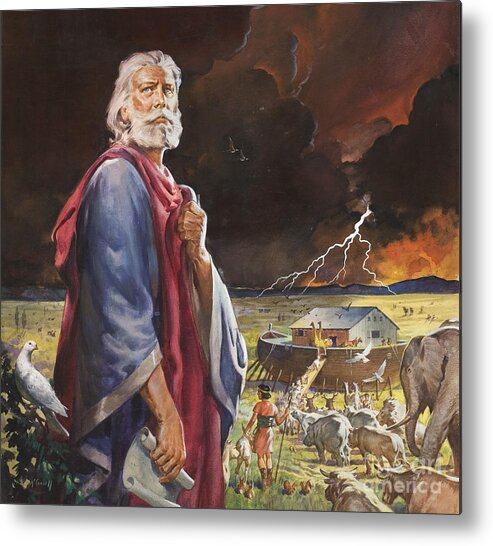 Deluge; Genesis; Flood; Rescue; Animal; Two By Two; Storm; Elephant; Giraffe; Dove; Boat; Land; Fork Lightning; Cloud; Scoll; Chicken; Rhino; Bird; Pair; Great Flood; Bible; Noah; Children's Illustration; Biblical; Scroll; Male Metal Print featuring the painting Noah's Ark by James Edwin McConnell