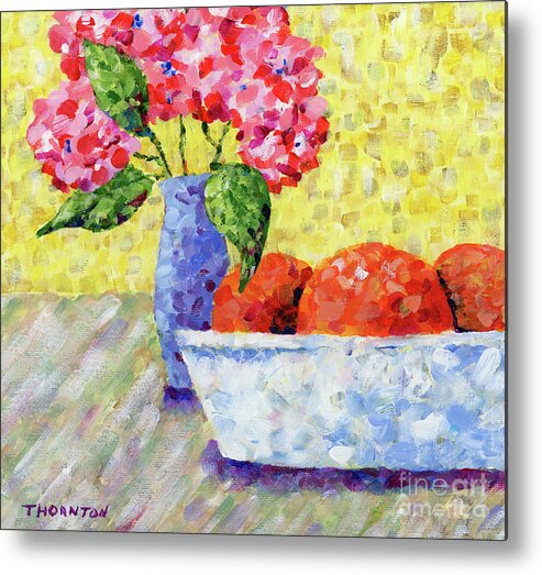 Oranges Metal Print featuring the painting Oranges in Bowl with Flowers by Diane Thornton