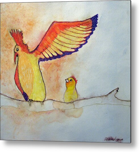 Birds Metal Print featuring the painting Pay Attention Kid by Patricia Arroyo