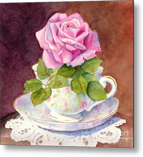 Rose Metal Print featuring the painting Rose Tea by Bonnie Rinier