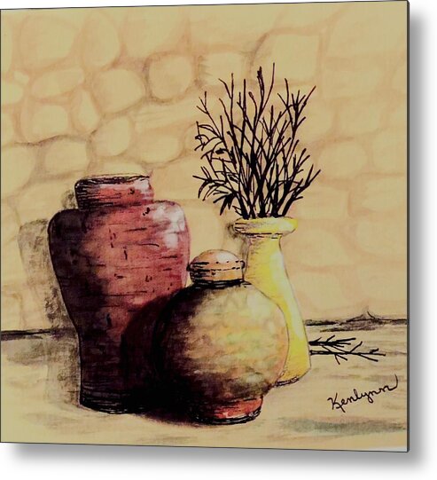 Ceramic Metal Print featuring the painting Three Pots and Twigs by Kenlynn Schroeder