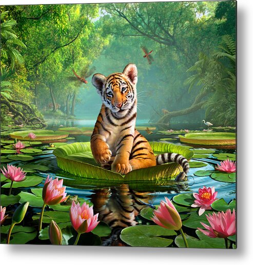 Most Popular Best Seller Tiger Dragonfly Turtle Frog Catfish Egret Duck Python Snake Swamp Marsh Water Reflection Lily Pads Flowers Trees Tropical Humid Misty India Asia Cute Adorable Sweet Playful Nibble Exotic Pond Ripples Morning Adventure Funny Humorous Colorful Nature Wildlife Tiger Cub Beautiful Stripes Metal Print featuring the digital art Tiger Lily 1 by Jerry LoFaro