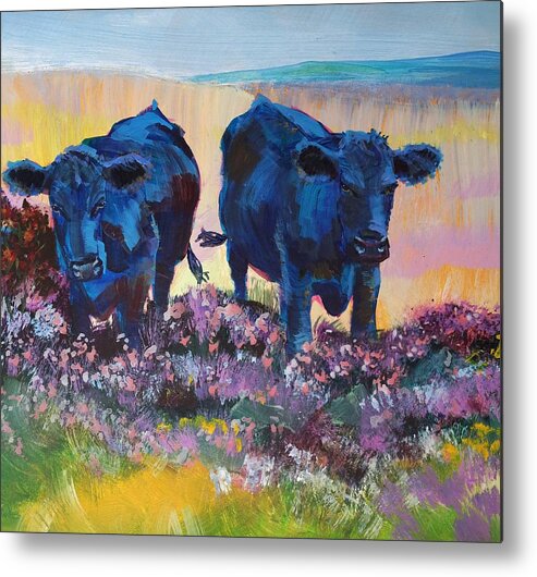 Black Cows On Dartmoor Metal Print featuring the painting Two Black Cows On Dartmoor by Mike Jory