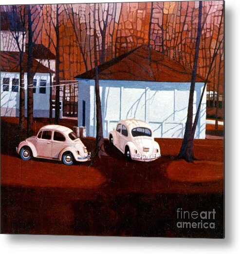 Volkswagon Beetle Metal Print featuring the painting Volkswagons in Red by Donald Maier