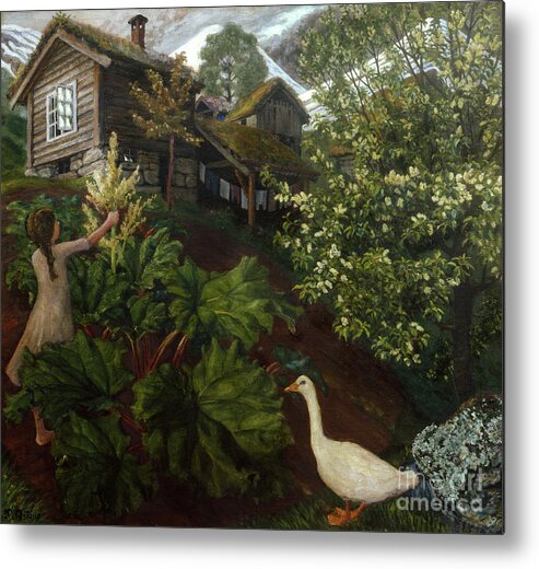 Landscape Metal Print featuring the painting Wet golden spring night with rhubarb and bird cherry by Nikolai Astrup