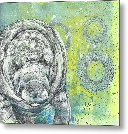 Manatee Metal Print featuring the mixed media Whimsical Manatee by AnneMarie Welsh