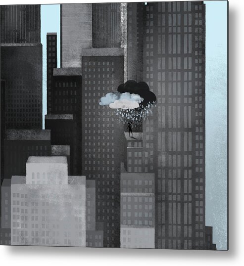 Problems Metal Print featuring the digital art A Person On A Skyscraper Under A Storm by Jutta Kuss
