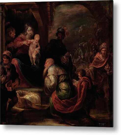 Adoration Of The Magi Metal Print featuring the painting 'Adoration of the Magi', ca. 1670, Spanish School, Canvas, 54 cm x 57 cm, P01129. by Francisco Rizi -1614-1685-