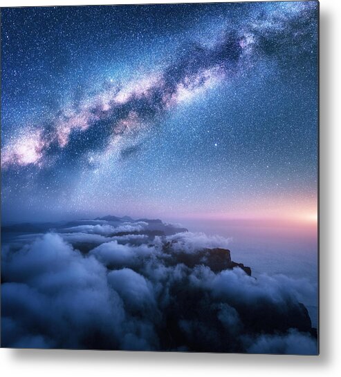 Landscapes Metal Print featuring the photograph Bright Milky Way Over The Low Clouds by Denys Bilytskyi