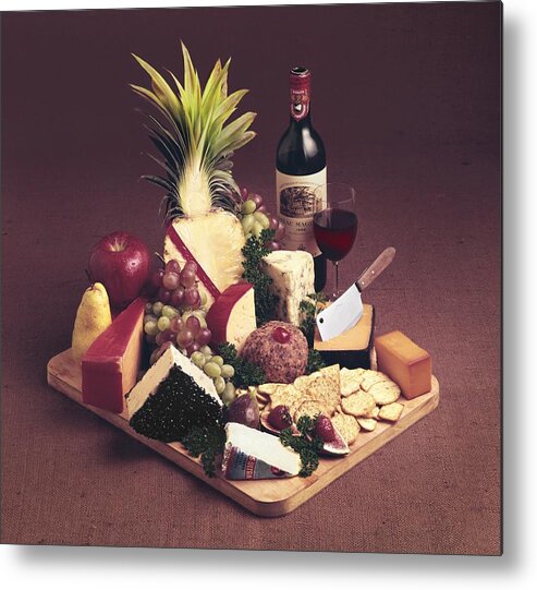 Cheese Metal Print featuring the photograph Cheese Tray With Wine by Tom Kelley Archive