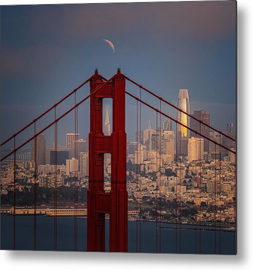 Lunar Eclipse; Golden Gate Bridge; Landscape; Travel; San Francisco; City; Metal Print featuring the photograph Eclipse Over Golden Gate Bridge by April Xie