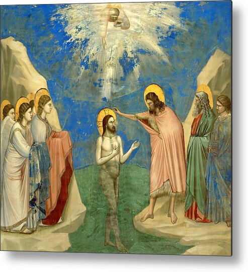 Giotto Metal Print featuring the painting Giotto / 'The Baptism of Christ', 1303-1310, Fresco. Saint John the Baptist. by Giotto di Bondone -1266-1337-