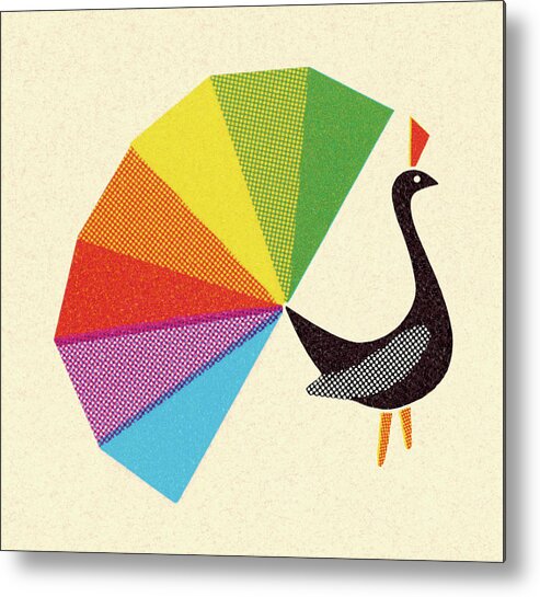 Abstract Metal Poster featuring the drawing Peacock With Rainbow Tail Feathers by CSA Images