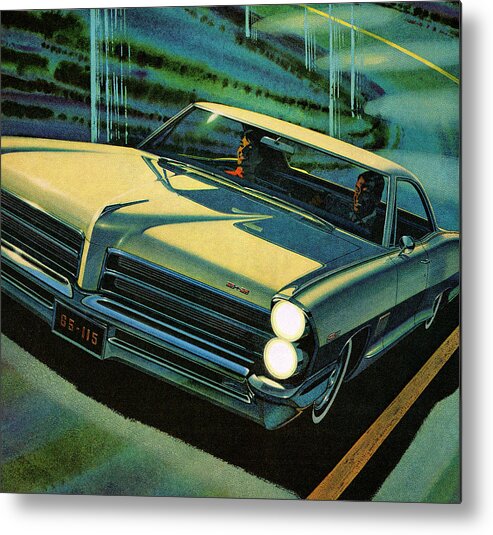 Auto Metal Poster featuring the drawing People Driving Vintage Car at Night by CSA Images