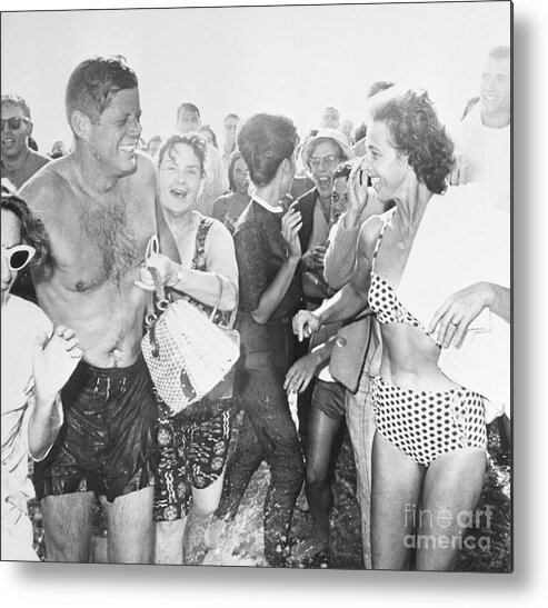 Mid Adult Women Metal Print featuring the photograph President Kennedy At Beach With Admirers by Bettmann