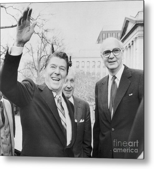 Central Bank Metal Print featuring the photograph President Reagan Waving By Treasury by Bettmann