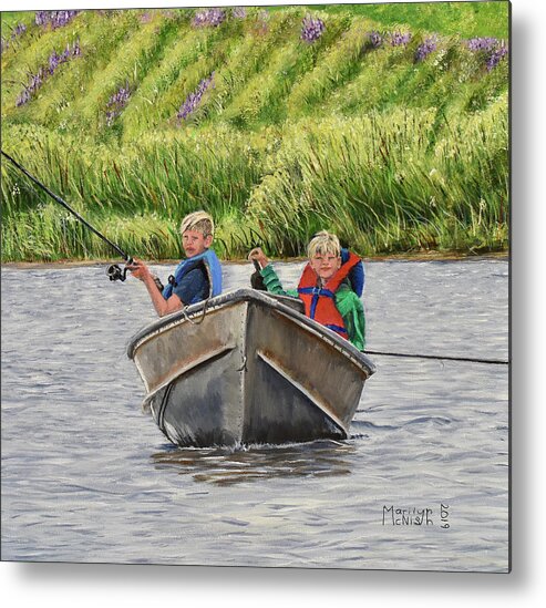  Young Metal Print featuring the painting Two Boys and a Boat by Marilyn McNish