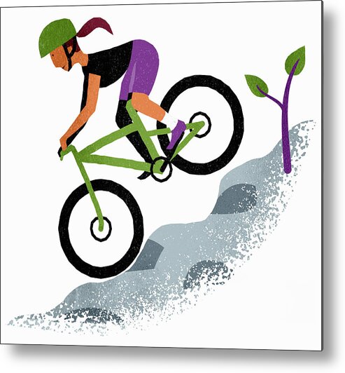 20-25 Metal Print featuring the photograph Woman Mountain Biking Down Steep Slope by Ikon Images