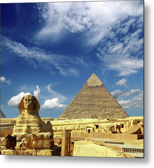 Sphinx Metal Print featuring the photograph egypt Cheops pyramid and sphinx #3 by Mikhail Kokhanchikov