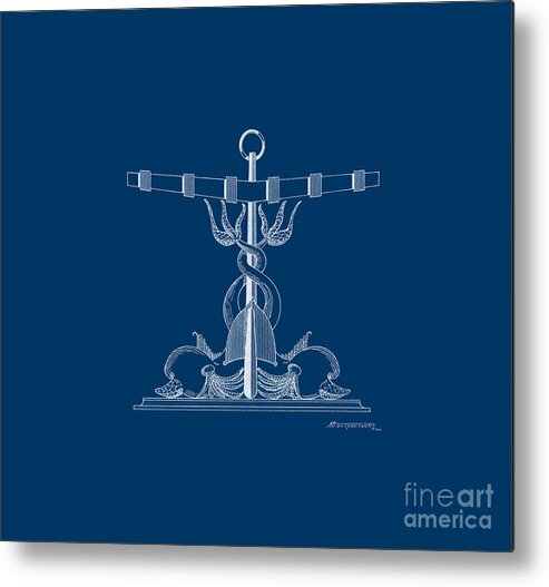 Sailing Vessels Metal Print featuring the drawing Anchor with dolphins - blueprint by Panagiotis Mastrantonis