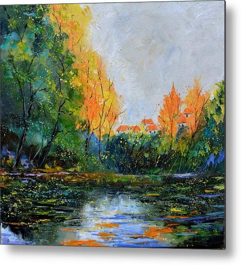 Landscape Metal Print featuring the painting Autumnal quiet waters by Pol Ledent