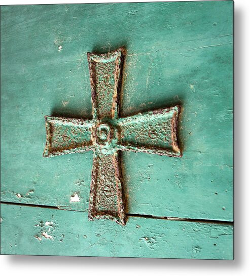 Blue Iron Cross On Wood Metal Print featuring the photograph Blue Iron Cross on Wood in Square by Iris Richardson