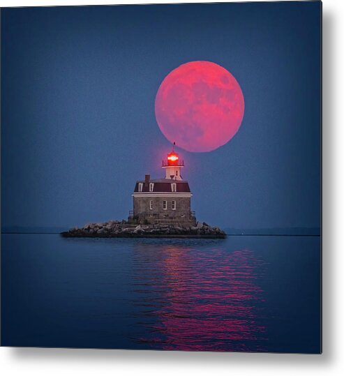 Penfield Reef Lighhouse Metal Print featuring the photograph Buck Full Moon CT by Susan Candelario