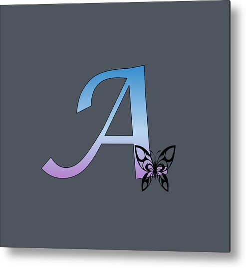 Monogram Metal Print featuring the digital art Butterfly Silhouette on Monogram Letter A Gradient Blue Purple by Ali Baucom