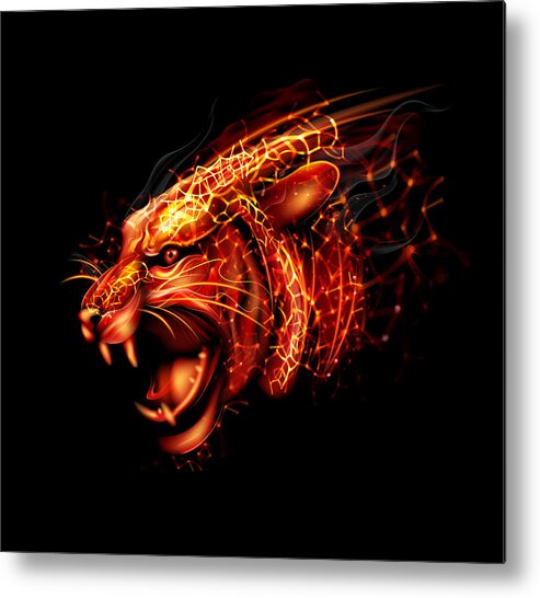 Black Color Metal Print featuring the drawing Cartoon fireworks of tiger head by Adelevin