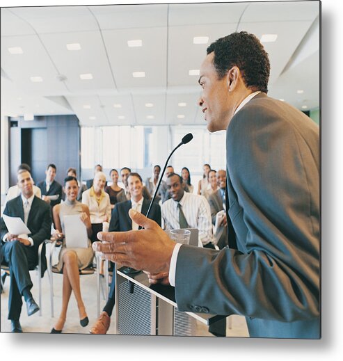 Corporate Business Metal Print featuring the photograph CEO Giving a Presentation to a Group of Business People from a Podium in a Conference Room by Digital Vision.