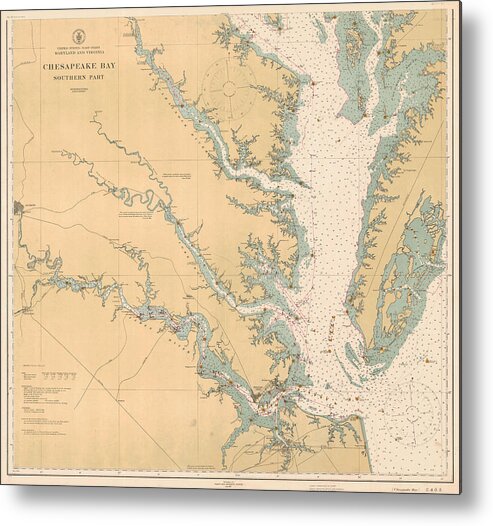 Chesapeake Bay Southern Part Metal Print featuring the digital art Chesapeake Bay Southern Part, Coast and Geodetic Survey Chart 78, Vintage 1914 by Nautical Chartworks