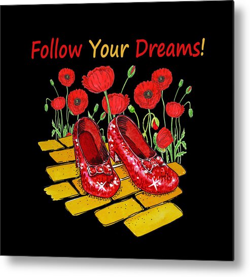 Red Poppies Metal Print featuring the painting Dorothy Red Ruby Slippers Poppies And Yellow Brick Road Watercolor by Irina Sztukowski