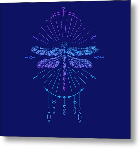 Dragonfly Metal Print featuring the digital art Geometric Blue Boho Dragonfly by Laura Ostrowski