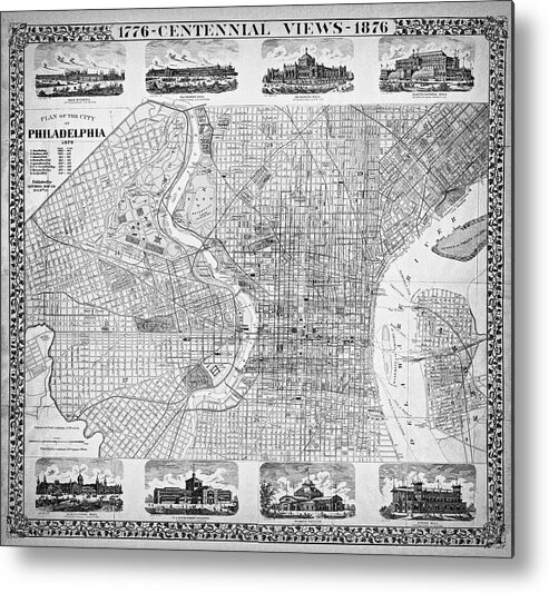 Philadelphia Metal Print featuring the photograph Historic Map of Philadelphia Pennsylvania 1876 Black and White by Carol Japp
