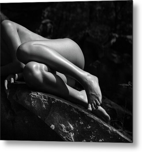 Nude Metal Print featuring the photograph Nude Curled on a Rock by Lindsay Garrett