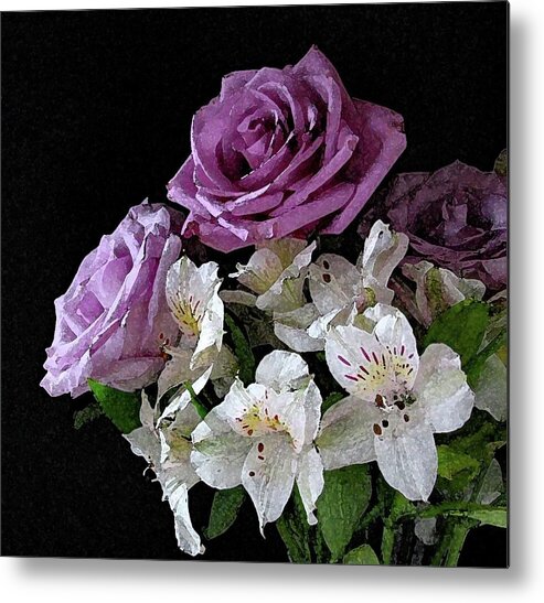Flower Metal Print featuring the photograph Purple and White Bouquet on Black Background by Corinne Carroll