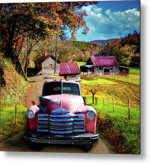 Truck Metal Print featuring the photograph Red Truck in Autumn Colors at the Barns by Debra and Dave Vanderlaan