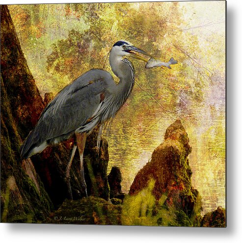 J Larry Walker Metal Print featuring the digital art Great Blue Heron Morning Snack #1 by J Larry Walker