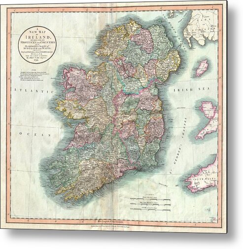 John Cary’s Wonderful 1799 Map Of The Ireland. Depicts The Emerald Isle In Considerable Detail With Color Coding At The County And Province Level. Also Includes Parts Of Nearby Scotland And Wales. Figures Above Many Of The Town Names Denote Distance Along The Roads From Dublin. Prepared In 1799 By John Cary For Issue In His Magnificent 1808 New Universal Atlas . Metal Print featuring the photograph 1799 Cary Map of Ireland by Paul Fearn