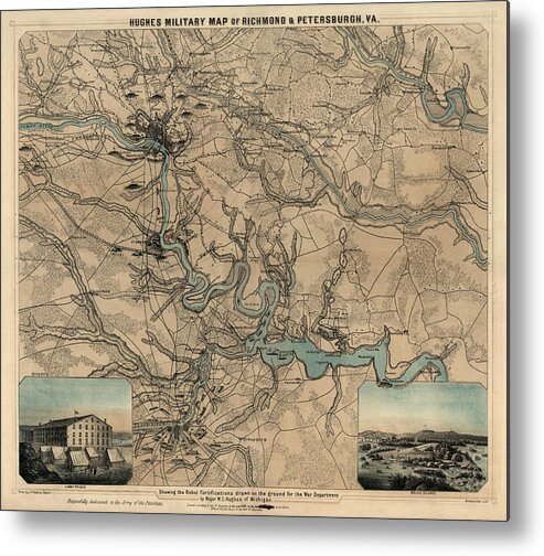 Richmond Metal Print featuring the drawing Antique Civil War Map of Richmond and Petersburg Virginia by William C. Hughes - circa 1864 by Blue Monocle