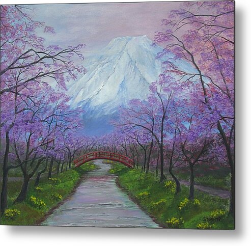 Landscapes Metal Print featuring the painting Blooms of Fuji by William Stewart