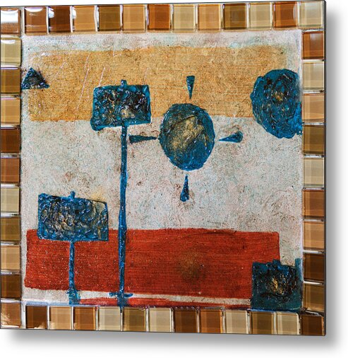 Abstract Metal Print featuring the painting Brown and Teal Geometric Abstract with Texture glass and gold flakes by MendyZ